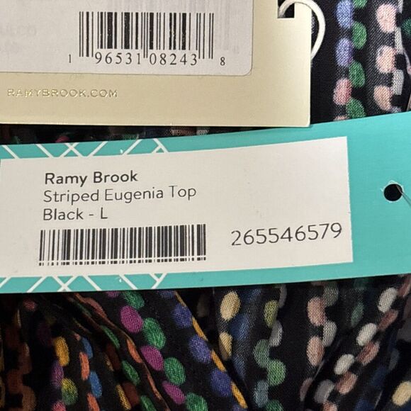 Ramy Brook Eugenia Ruffle Puff Sleeve Top Blouse Large Dot Stripe Split Neck NWT - Picture 15 of 16